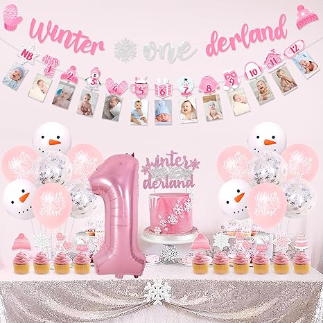 Winter Onederland 1st Birthday Girl Decorations, Winter Onederland Snowflake Banner Monthly Photo Banner Cake Cupcake Toppers, White Pink 1 Foil Balloon for Girls First Birthday Party