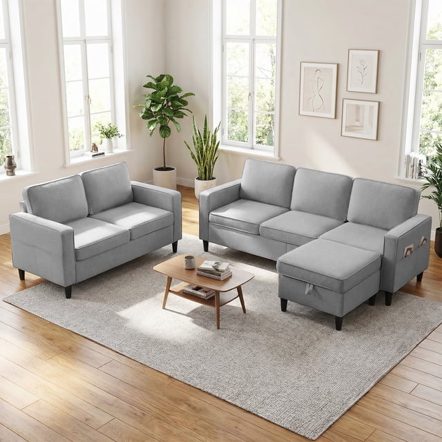 Puremind 2 Piece Sofa Set for Living Room, Linen Fabric Sofa and Loveseat Set, L Shape Sectional Couch Set with Storage Ottoman for Apartment/Small Space, Light Gray