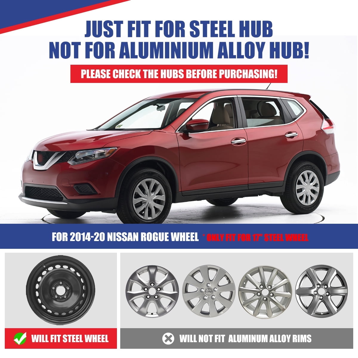 17 inch 2014-2020 Nissan Rogue Hubcaps,Wheel Rims Covers Compatible With Steel Wheels,Snap-On Installation,ABS+PC,4Pcs,Black Lacquer