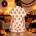 thumbnail image 5 of Soft Smooth Milk Silk Halloween Pajamas for Women Adorable Pumpkin Ghost Graphic Lapel Short Sleeve Two Piece Set Loose Casual Shorts Loungewear All Season Nightwear, 5 of 6