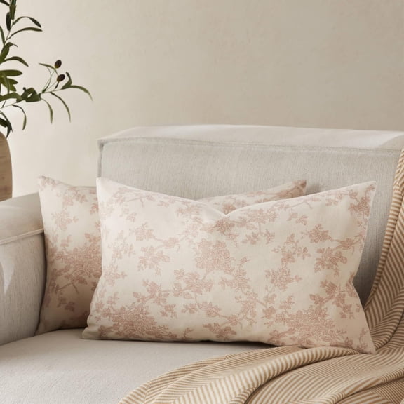 100% Cotton French Pastoral Lumbar Throw Pillow Covers Set of 2, 12x20 Inch Taupe Farmhouse Decorative Cushion Covers for Sofa Bed Living Room Home Decor