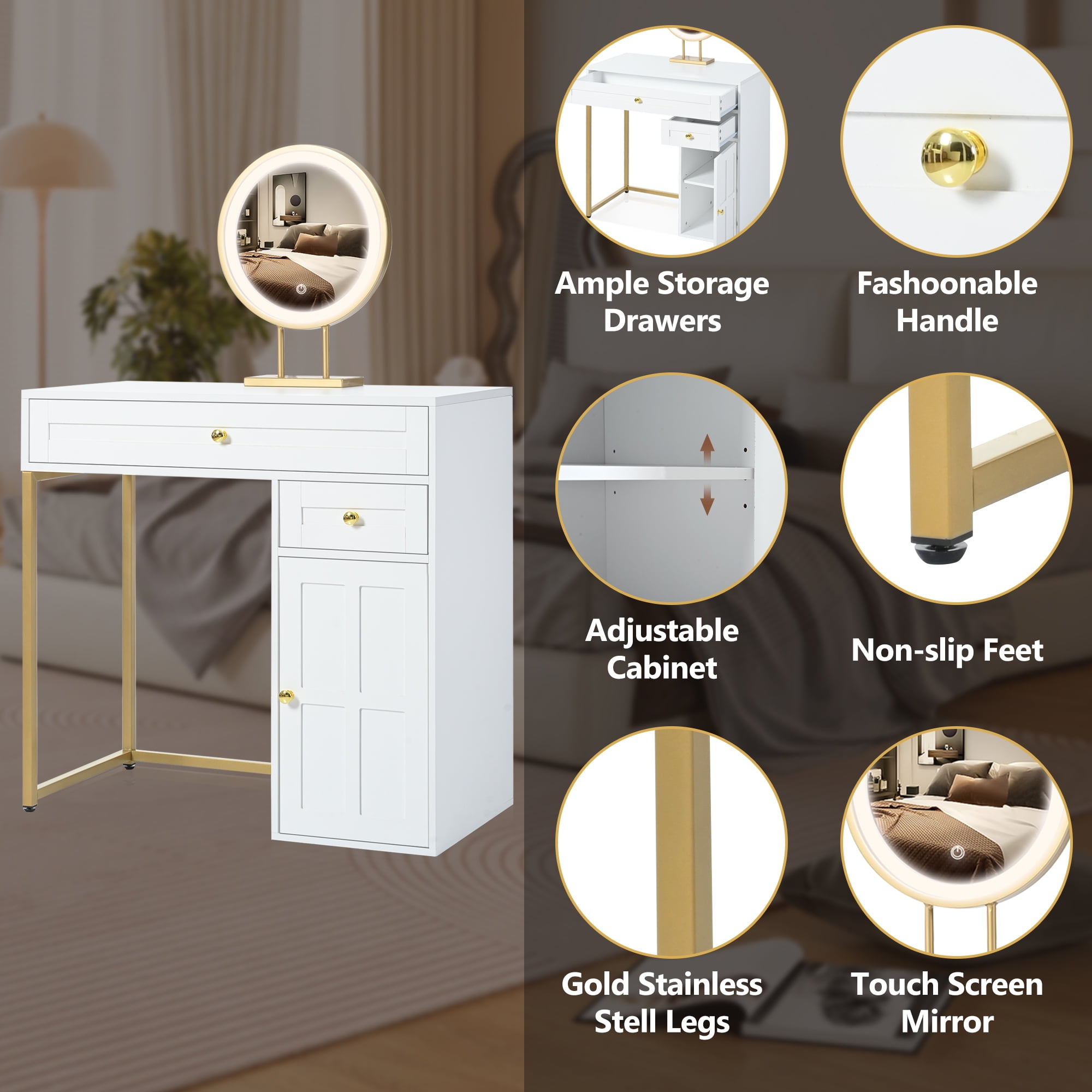Makeup Vanity Desk with Lighted Mirror, Luxury Dressing Table with 2 Drawers and 1 Cabinet