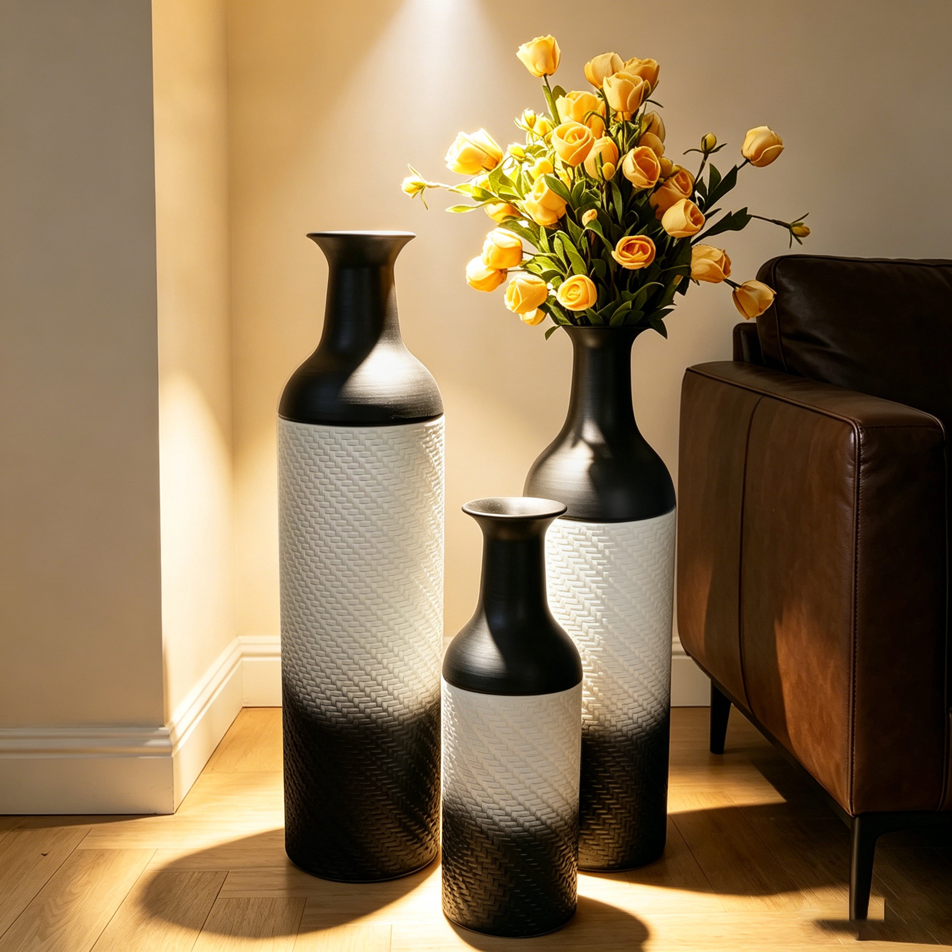 Metal Floor Vases Set of 3 with Leaf Pattern, Tall Decorative Vases and Home Decor Accents for Living Room Entryway, White and Black