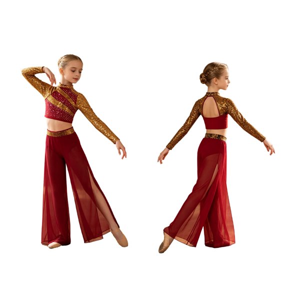 Doomiva Kids Girls Lyrical Dance Outfit 2 Piece Contemporary Dancewear Sparkly Crop Tops with Mesh Wide Leg Pants Burgundy 14