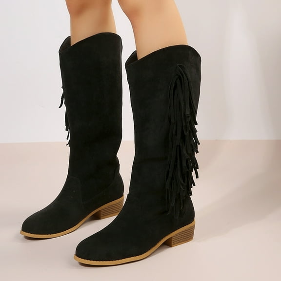 YOUSNH Ladies Casual Retro Solid Color Tassel Suede Large Size Heel Mid Calf Boots Long Boots Womens Boots Black 8