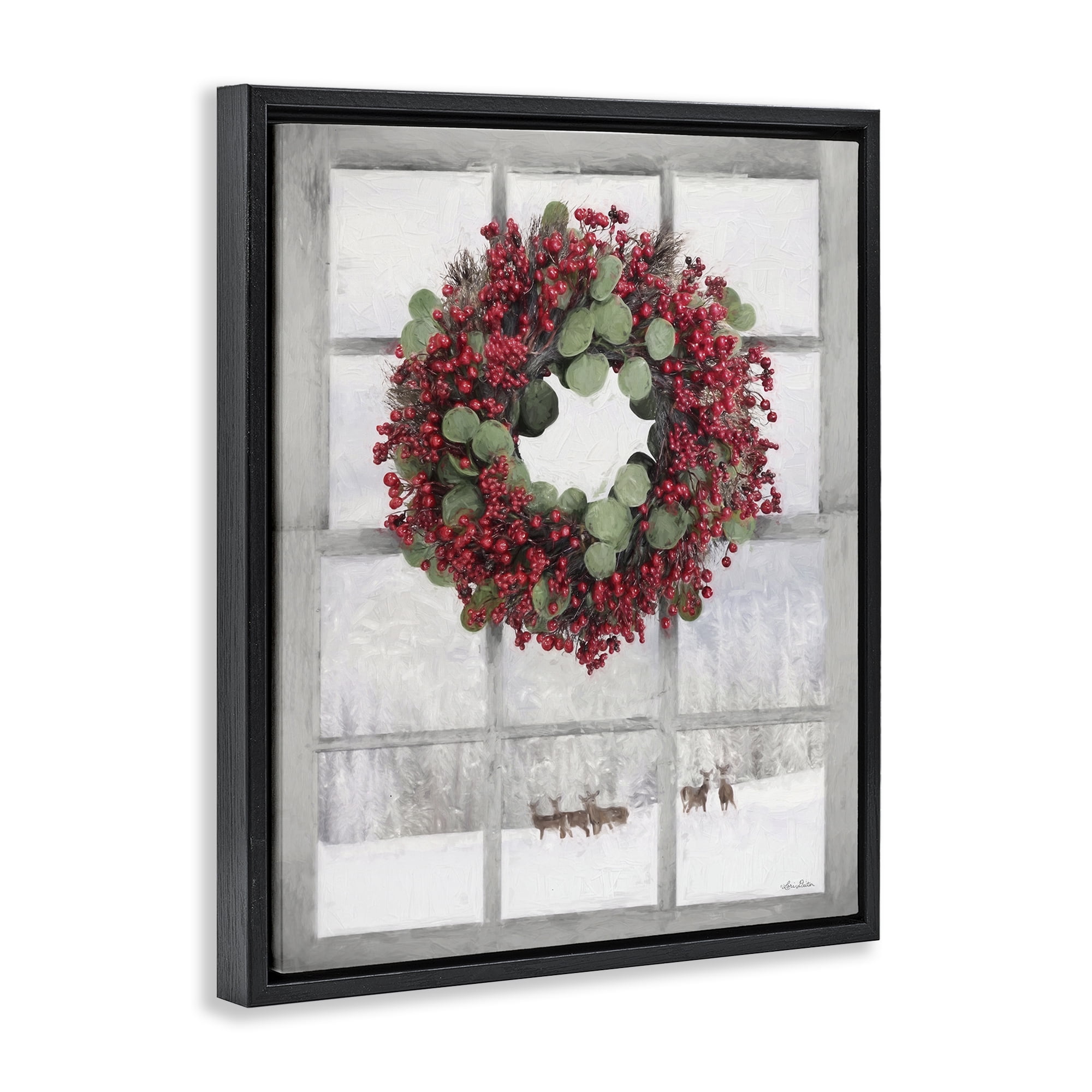Stupell Industries Holly Wreath & Reindeer Holiday Painting Black Floater Framed Art Print Wall Art, 17 x 21