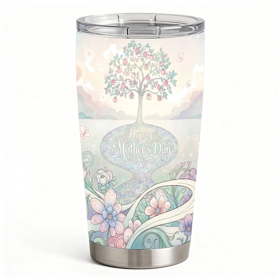 Stainless Steel Insulated Tumbler with Lid, Happy Mother’s Day Tree of Life Floral Design, Double Wall Hot Cold Travel Cup, Gift for Mom