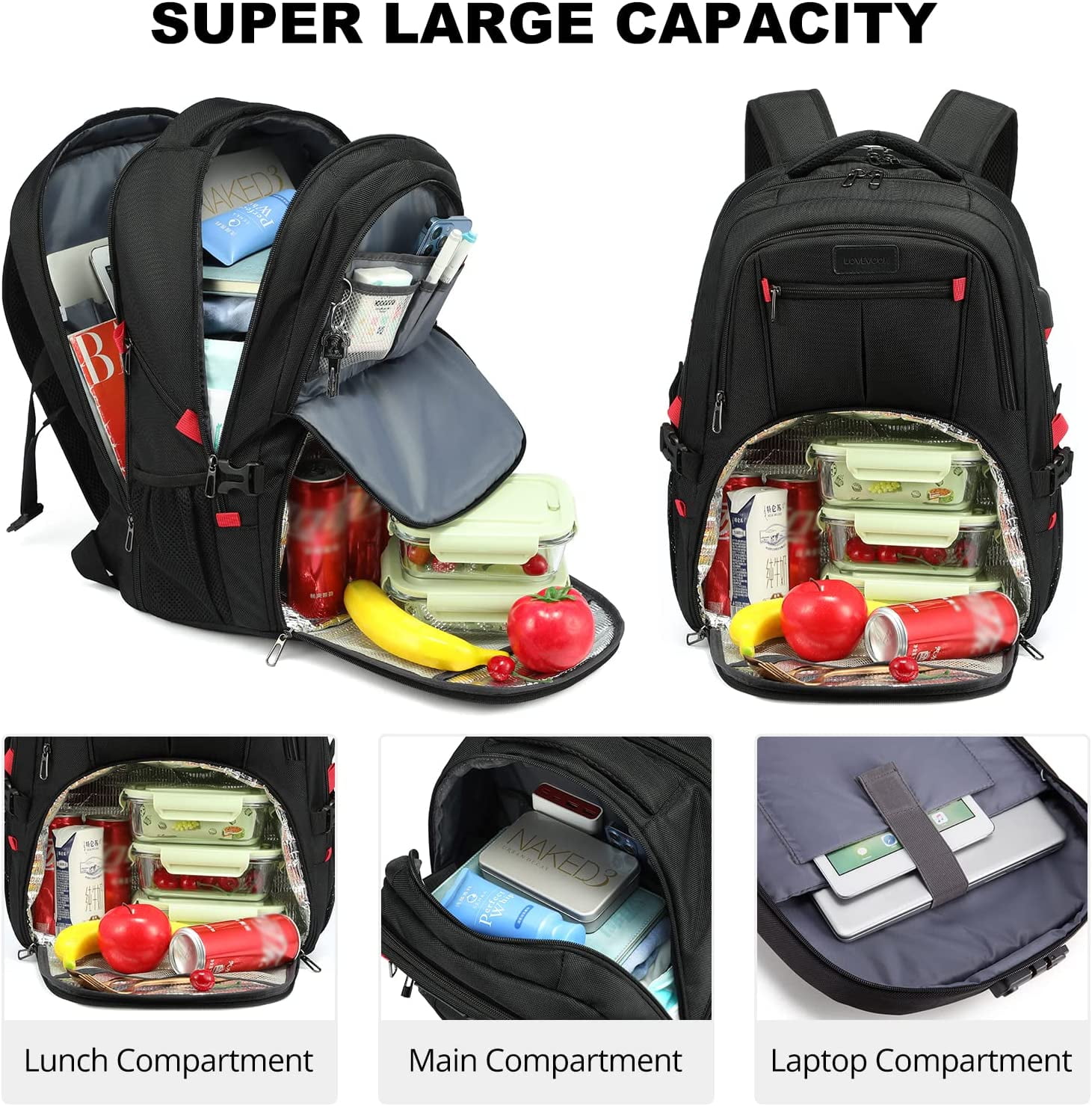 Lovevook Lunch Backpack for Men, Insulated Cooler Lunch Box Backpack Picnic, Travel Backpack Fit 17 Inch Laptop with Lock & USB-Black