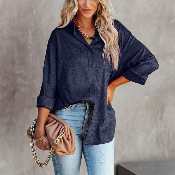 ICHUANYI Womens Casual Solid Shirts Lapel Long Sleeve Blouses Button Down V Neck Loose Tops 2023