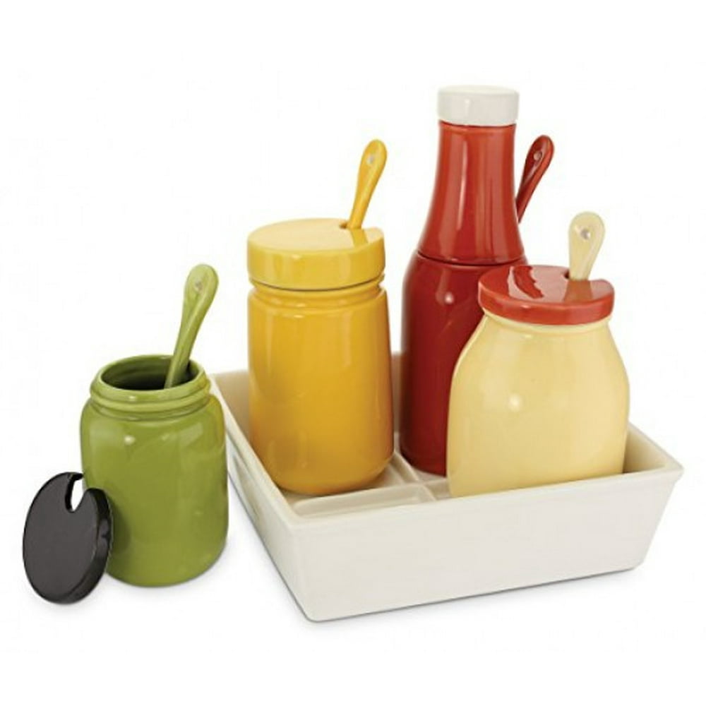 KOVOT Ceramic BBQ Condiment Set And Tray Includes 4 Canisters, A Tray