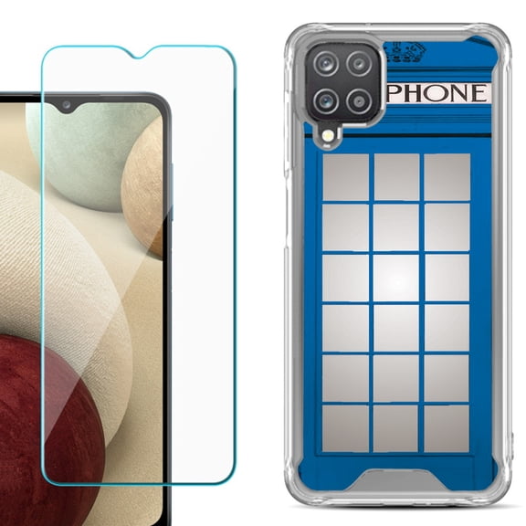 Shockproof Bumper Phone Case for Samsung Galaxy A12, with Tempered Glass Screen Protector, by OneToughShield ® - Phone Booth Blue