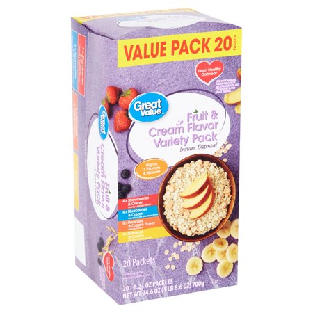 Great Value Instant Oatmeal, Fruit & Cream Variety Value Pack, 20 Packets (078742035512)
