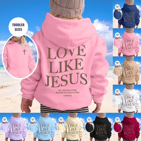 YUEHUA Kids Hooded Sweatshirt with Back LOVE LIKE JESUS Print Long Sleeve Casual Religious Sayings Pullover for Daily Wear
