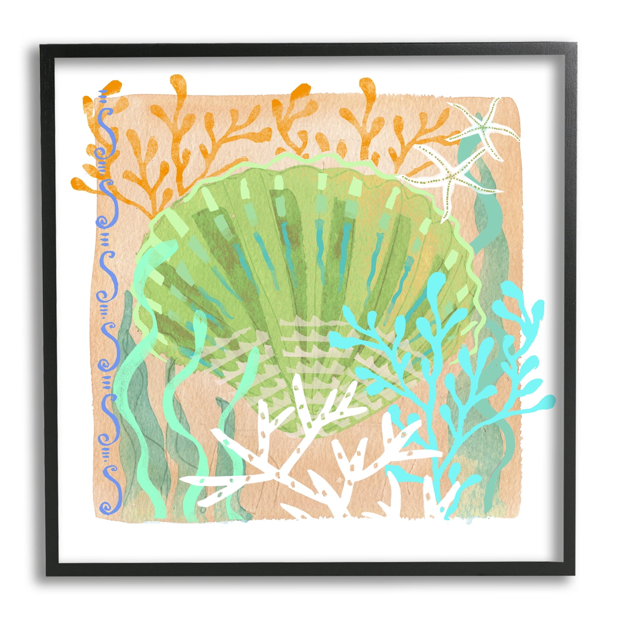 Stupell Industries Vivid Coral Overlay Beach Seashell Watercolor Pattern Graphic Art Black Framed Art Print Wall Art, Design by unknown