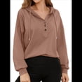 thumbnail image 2 of Sudadera con Capucha para Mujer, Cuello Abotonado, Cordón Ajustable, Sudadera Informal de Larga, Camisetas. Caqui Oscuro L, 2 of 10