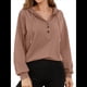 thumbnail image 2 of Sudadera con Capucha para Mujer, Cuello Abotonado, Cordón Ajustable, Sudadera Informal de Larga, Camisetas. Caqui Oscuro L, 2 of 10