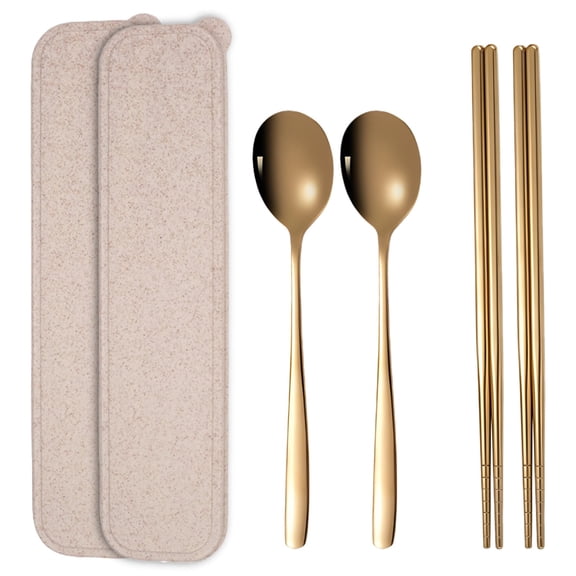 Gold Chopsticks and Spoon Set, Including 2 Spoons, 2 Pairs of Chopsticks, and 2 Cases, Portable 304 Stainless Steel Flatware Set, Modern Luxury Tableware for Travel and Home Use