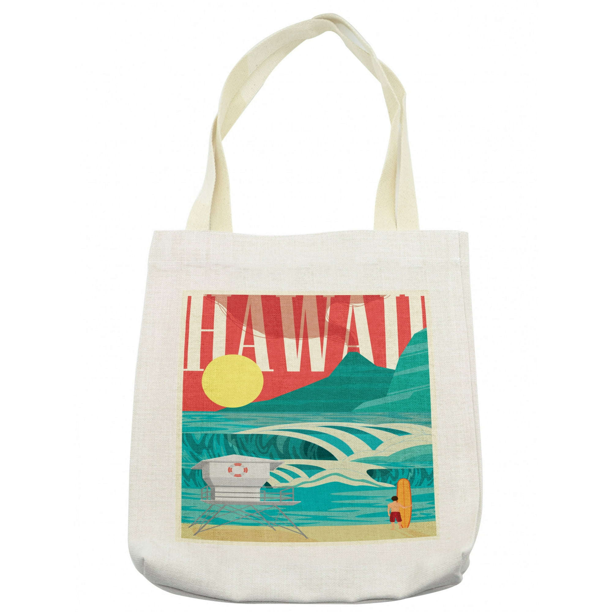 Hawaiian Tote Bag, Hawaii Sandy Coastline Sunny Day Surfboard Tropics  Famous Honeymoon Destination, Cloth Linen Reusable Bag for Shopping Books  Beach