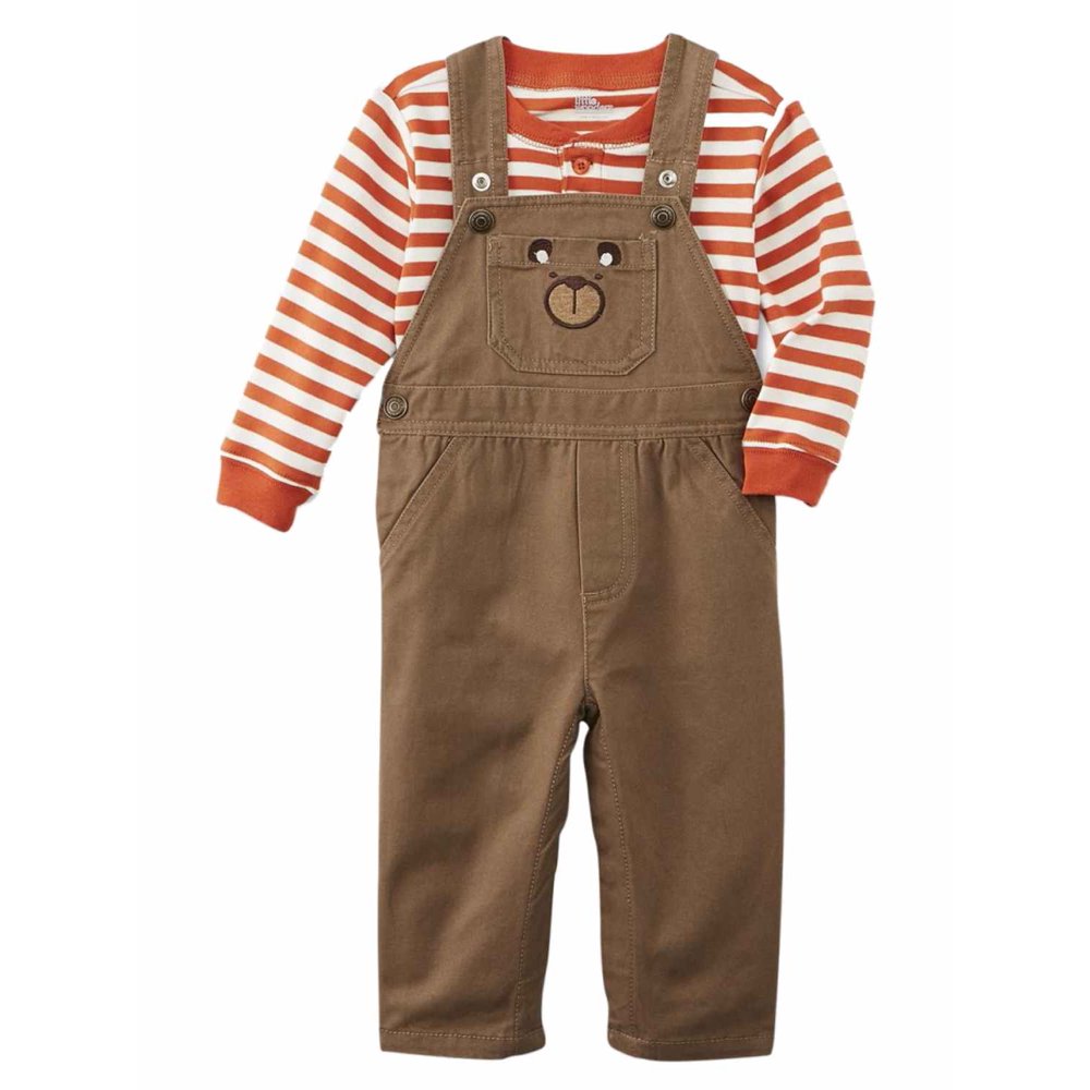 Infant Boys Teddy Bear Baby Outfit Striped Shirt & Brown Overalls Set