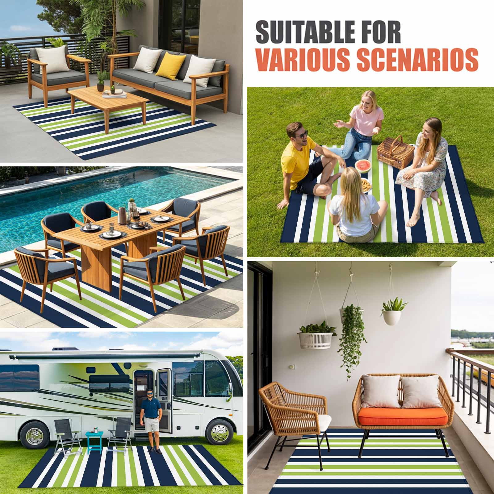 Navy Blue Green Striped Outdoor Rug for Patio/Deck/Porch, Non-Slip Large Area Rug 4 x 6 Ft, Modern Minimalist Ombre Lines Indoor Outdoor Rugs Washable Area Rugs, Reversible Camping Rug Carpet Runner