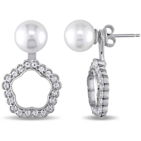 Miabella 8-8.5mm White Round Cultured Freshwater Pearl and 1-1/5 Carat T.G.W. White Topaz Sterling Silver Halo Earrings
