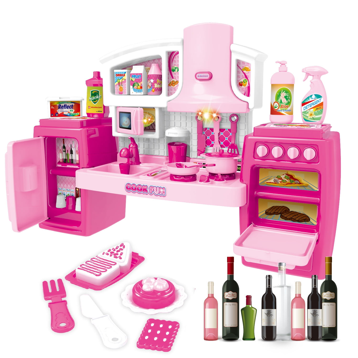 Play Kitchen Playset Pretend Food Pink Kitchen Toys for Toddlers, Toy