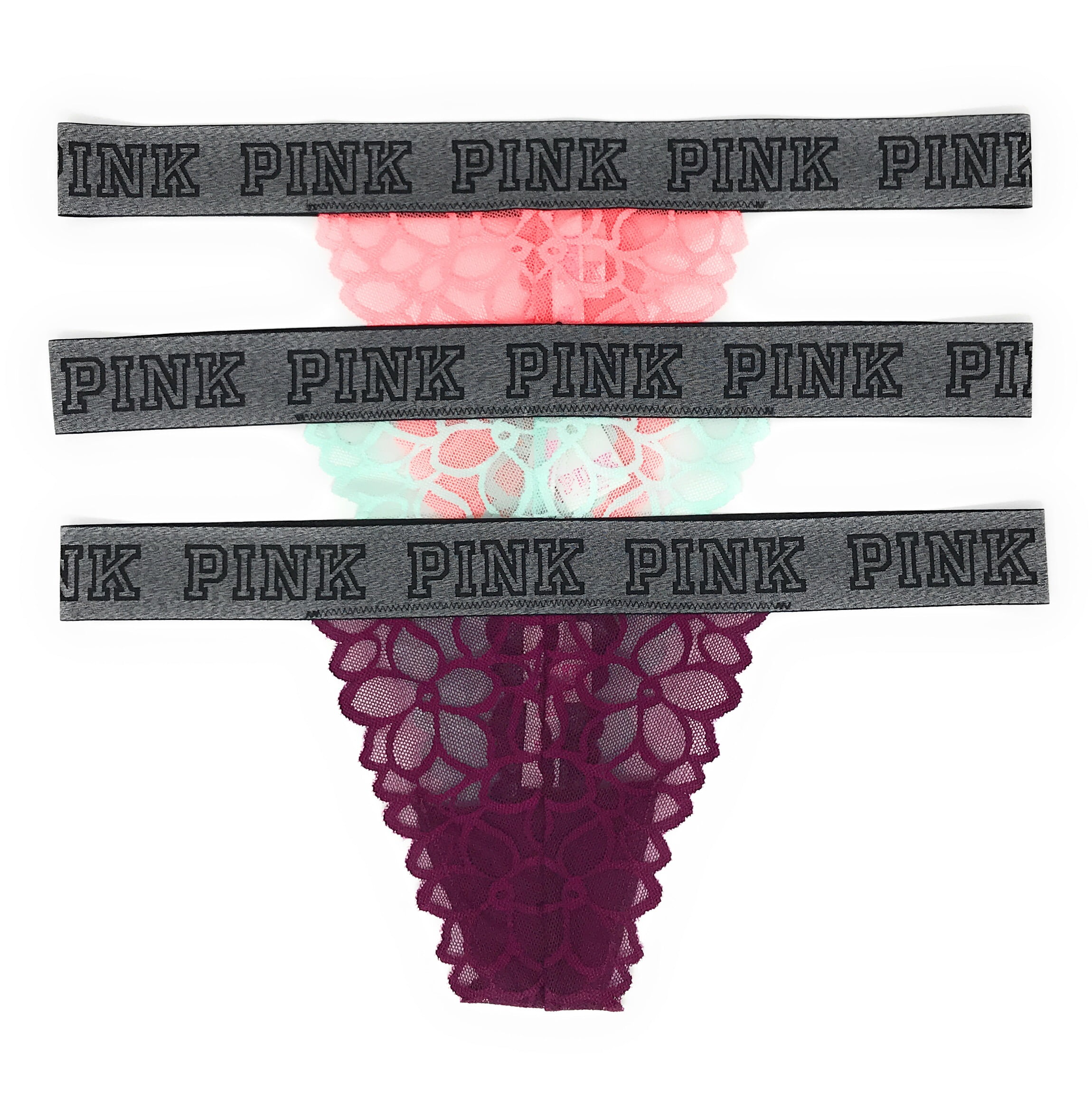 Victoria's Secret PINK Logo Thong Panty Set of 3 Coral / Light Aqua