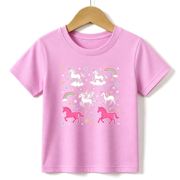 Girls Graphic Tees Pink Unicorn Kids T Shirt Cute Magic Fairy 100% Cotton Short Sleeve Soft Tops 4-13Y Pink