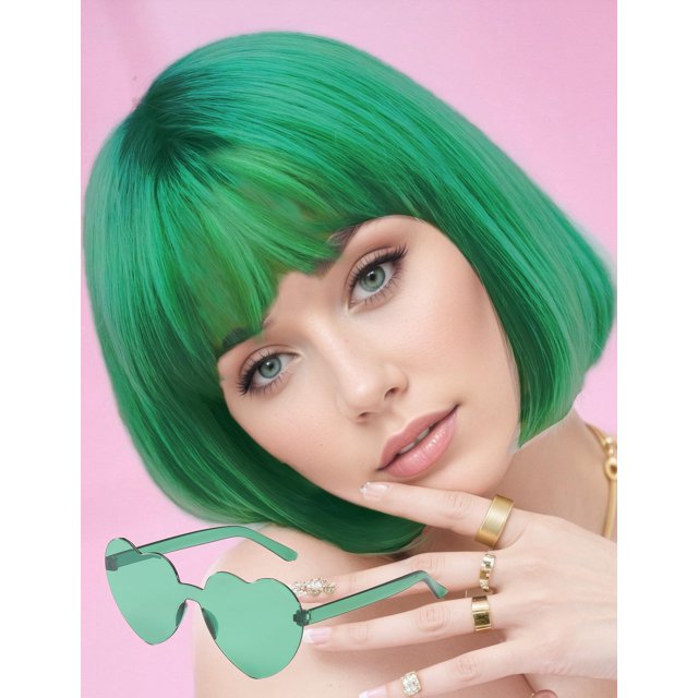 MIUSKATL Peluca y gafas de sol de 12.0 in con flequillo corto para mujer, disfraz de fiesta de cosplay (verde oscuro)