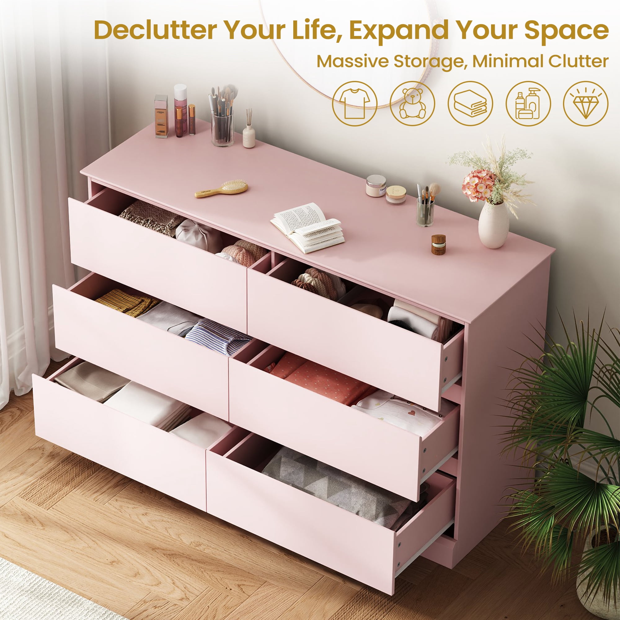 6 Drawer Dresser for Bedroom, White Dresser Double Chest of Drawers, Modern Wood Dressers with Deep Drawers for Living Room,Pink