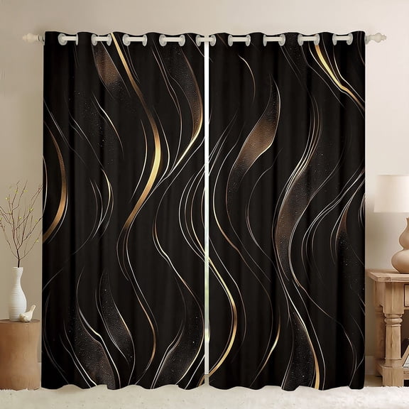 Feelyou Black Gold Stripes Black Out Curtains, Modern Abstract Geometric Curtains Pack of 2 (42x63 Each), Chic Minimalism Bedroom Curtains, Living Room Curtains Decor
