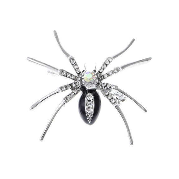 Silvery Tone Clear Crystal Colored Rhinestones Black Creepy Spider Bug Brooch Pin
