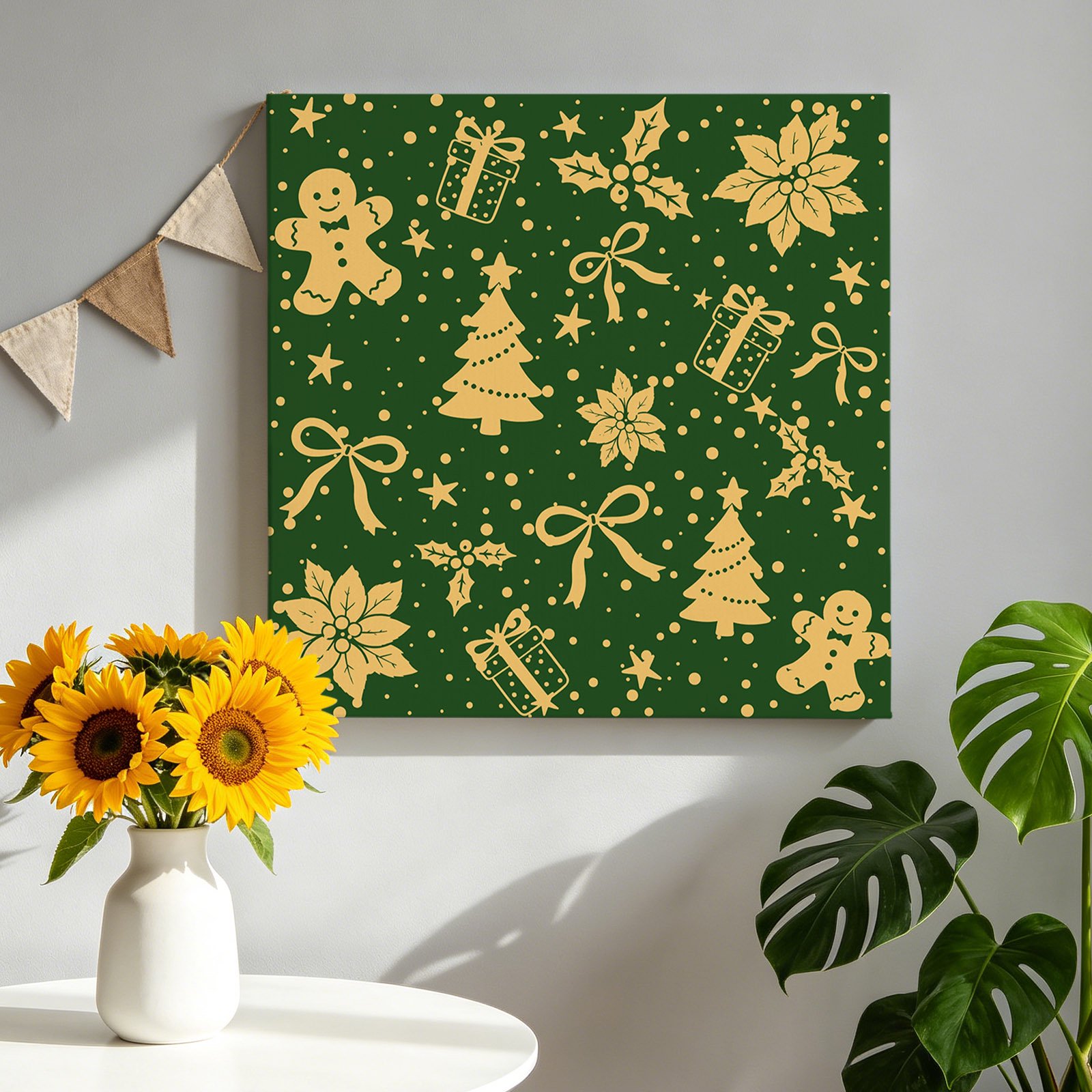 Christmas Canvas Wall Art Winterxmas Tree Man Gift Boxes Green Pictures Wall Decor Wooden Framed Artwork Art Prints for Living Room Hallway Bedroom Office 8 x8