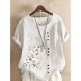 thumbnail image 4 of Camiseta de lino y algodón para mujer, Top elegante y cómodo con una hilera de botones, decoración de empalme, camisetas informales con estampado de flores para mujer 2024, 4 of 4
