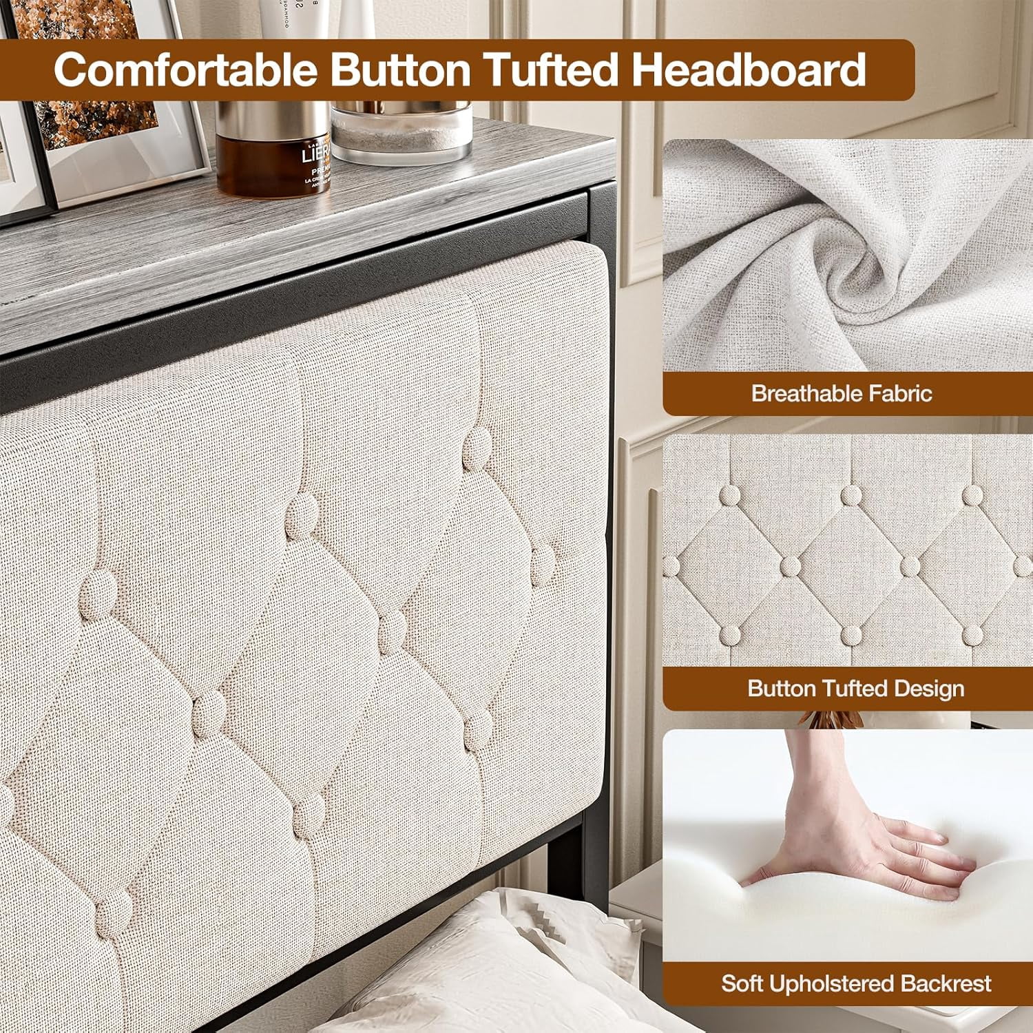 ARICOEASY Queen Size Storage Headboard with Charging Station, Upholstered Button Tufted Headboard, Easy Assembly, Beige