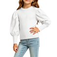 thumbnail image 3 of OGLCCG Girls Long Sleeve Shirts Fall Puff Sleeve Top Kids Crewneck Ribbed Knit Dressy Blouse(White,1-2 Years), 3 of 6