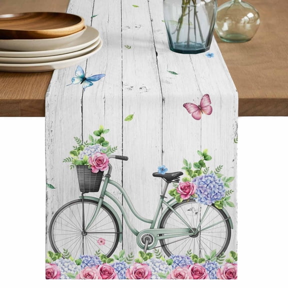 Table Runner - 90 Inch Long, Spring Kitchen Dining Table Runner Dresser Scarves, Bicycles Botanical Rose Leaves Butterfly Wood Grain Farmhouse Decor for Coffee Tables Wedding Party Banquet