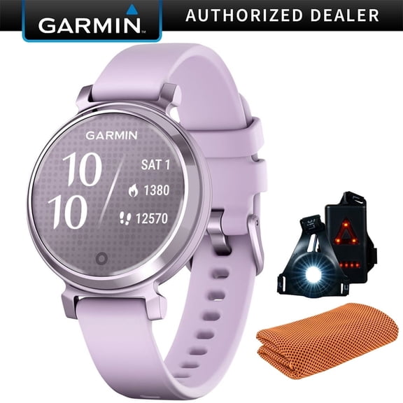Garmin 010-02839-01 Lily 2 Smartwatch Metallic Lilac with Lilac Silicone Band | Official USA Partner Model | Bundle with Sport Towel Deco Essentials Wearable Commuter Front & Rear Safety Light
