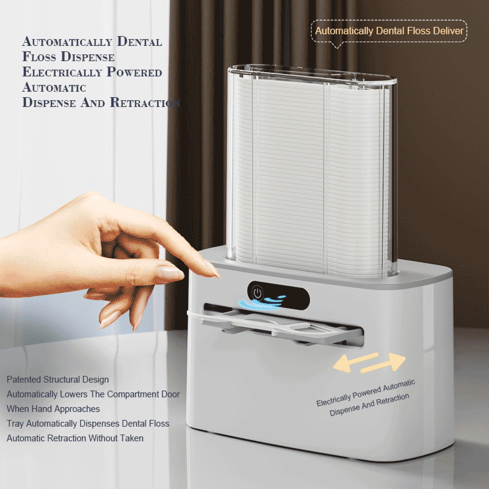 Intelligent Automatic Floss Dispenser Box | Sensor Floss Stick Storage for Home Restaurant Hotel | Battery or Rechargeable Type-C | ABS PC Material | 100 Floss Included | Compact 13x11.5x9cm