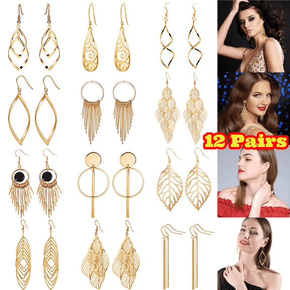 12 Pairs Drop Dangle Earrings, Fashion Jewelry Vintage Statement Bohemian Gold Earrings Set for Women