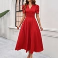 thumbnail image 5 of Bxsruta Womens Maxi Dress V Neck Short Puff Sleeve Pleated Flowy Casual Dresses for Women Vacation, 5 of 7