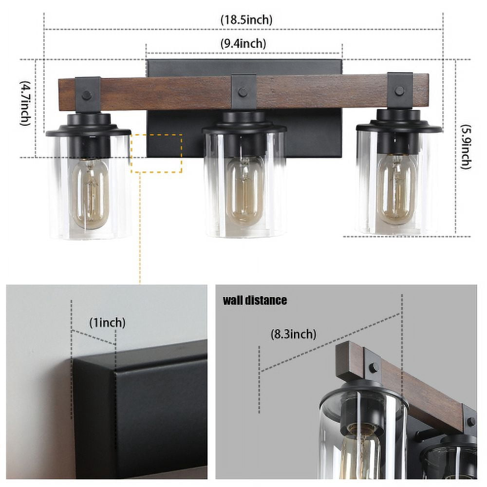 ACE-LIGHTS,3-Lights Farmhouse Rustic Bathroom Light Fixture with Glass Lampshade(Bulbs Not Included),Vanity Lights Fixture for Bathroom,Dressing Room,Bedroom,Living Room(Black)