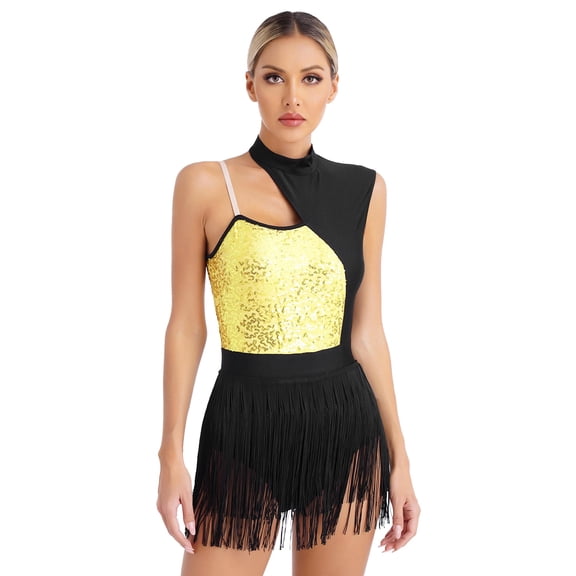JanJean Women Sequins Latin Dance Leotard Dancewear Fringe Salsa Rumba Ballroom Dance Costume Gold S