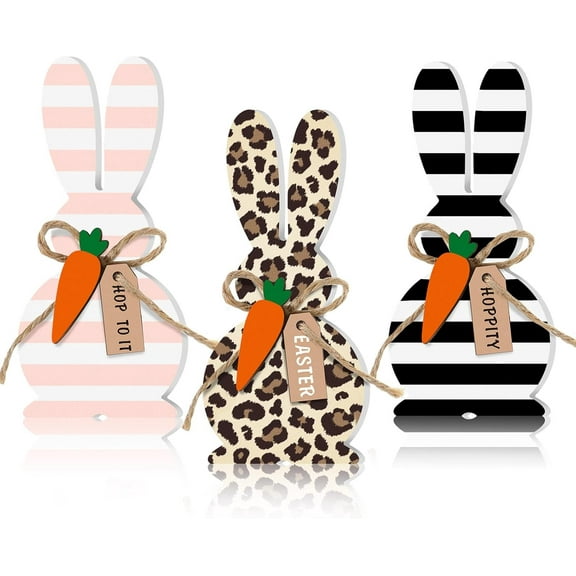 Marsui 3 Pcs Farmhouse Easter Bunny Decor Wooden Bunny Table Signs Bunny Table Centerpieces with Carrot Easter Signs Easter Tabletop Tray Shelf Desk Decorations for Home Office