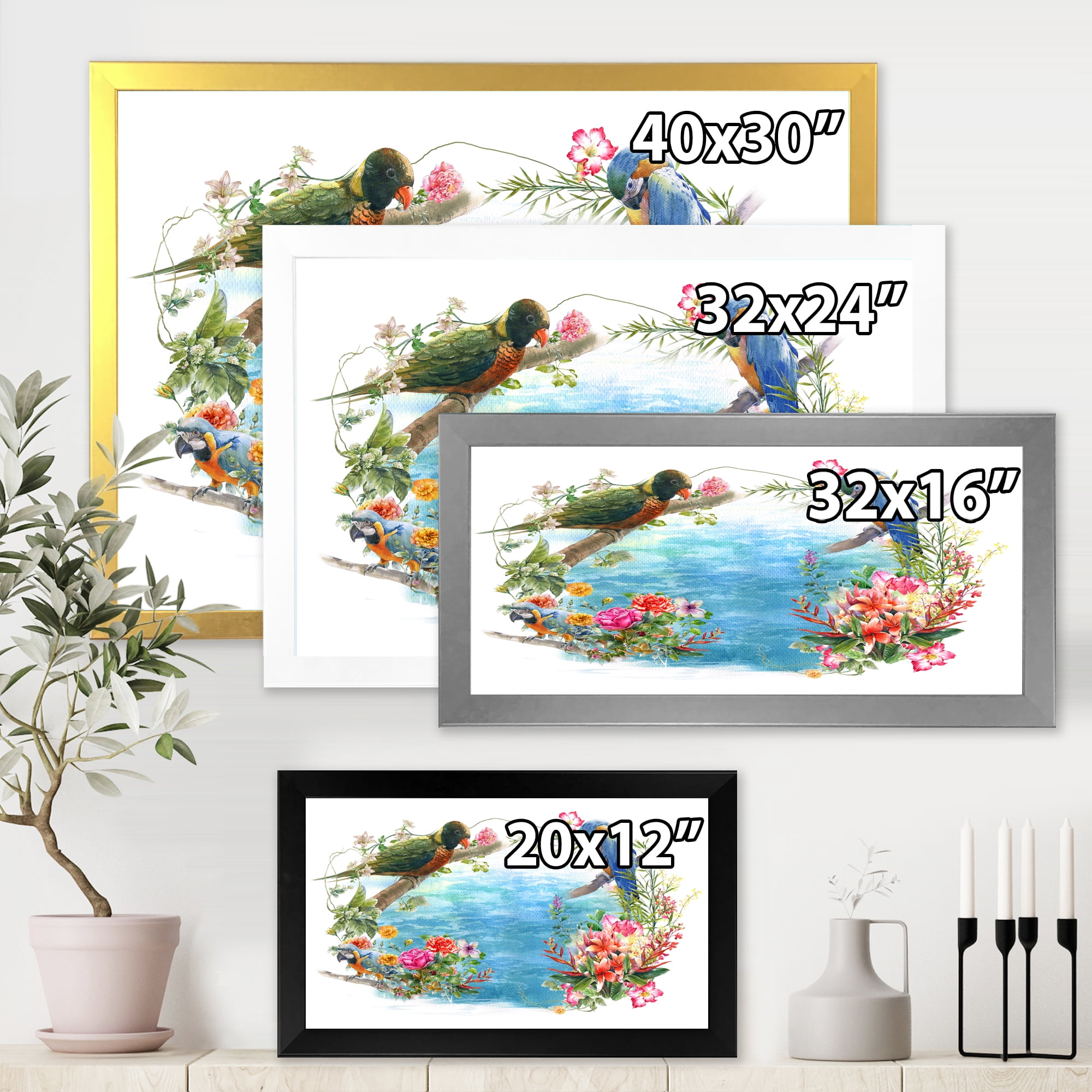 Designart 'Parrots and Flowers By The Blue Waterside' Traditional Framed Art Print