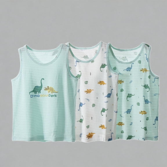 Krdevn Boys 3-Pack Dinosaur Print Sleeveless Tank Tops Breathable Lightweight Summer Activewear For Kids,8-10 Years