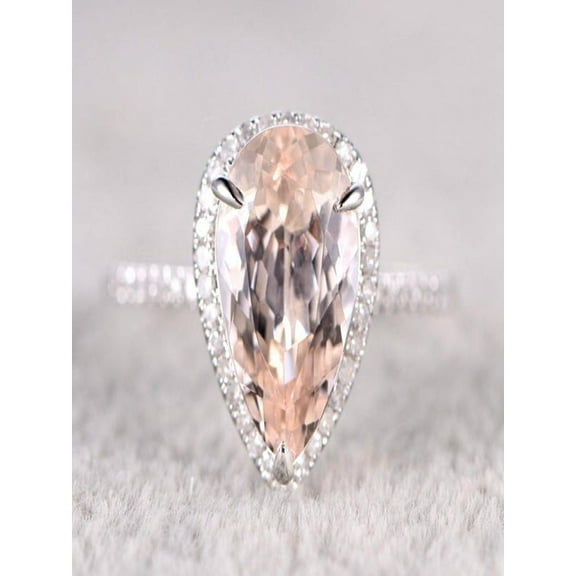 Limited Time Sale 1.50 Carat Pear Cut Morganite And Diamond Moissanite Halo Engagement Ring In 10K White Gold For Women, Promise Ring, Anniversary Gift