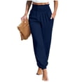 thumbnail image 2 of Linen Jogger Pants for Women Smocked High Waist Trousers Breathable Lounge Bottoms Side Pockets Boho Hippie Style Casual Outfits, 2 of 6