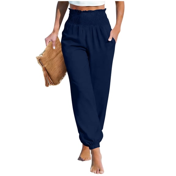 Womens Linen Pants Pleated High Ruffled Waisted Joggers Pants Fashion Barrel Straight Travel Vacation Outfits