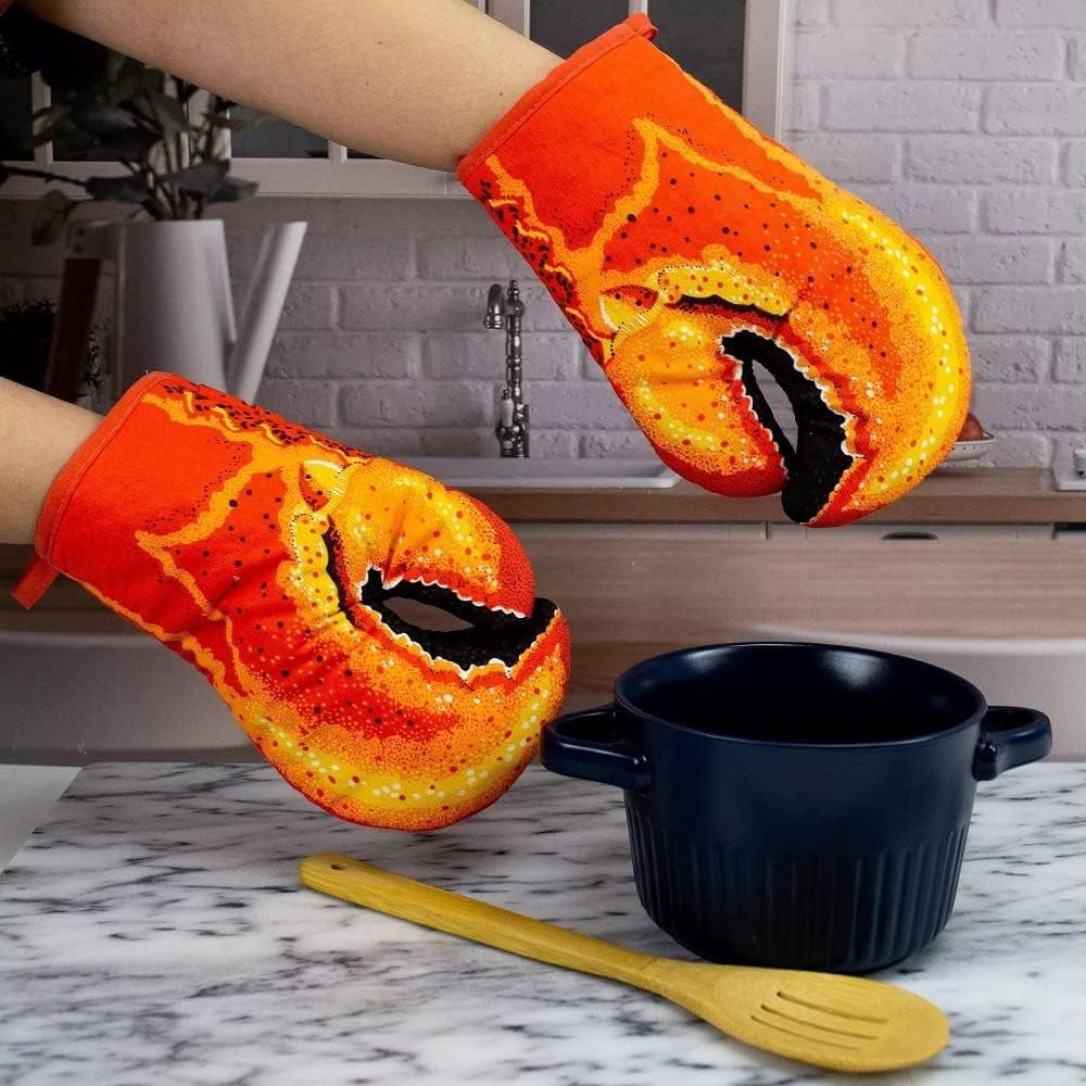 1 Pair Lobster Claw Oven Mitts Long Cotton Crab Claw Baking Insulation Gloves Microwave Heat Resistant Non-Slip BBQ Gloves
